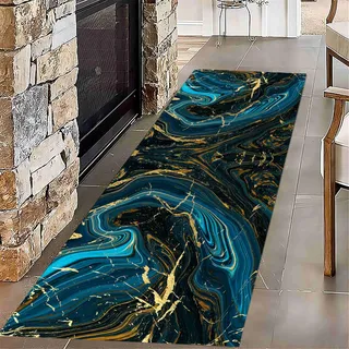 USHIRUG Moderner Blaugoldener Marmorteppich, 80x200cm Weiche Eingangsmatte, Abstrakte Kunst, Teppichläufer für Den Flur, Waschbare, rutschfeste Küchenmatte für Wohnzimmer, Foyer, Schlafzimmer