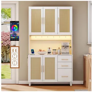 Flieks Küchenbuffet mit LED-Beleuchtung, Steckdosen und Haken (Buffet mit Rattantüren und Schubladen, 1-St., B100/T40/H183 cm) Hochschrank Küchenschrank Geschirrschrank mit verstellbare Ablagen weiß