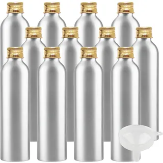 LusDoly 12 Stück 250 ml Aluminium Flasche mit Aluminium Schraubdeckel Gold, Schraubflaschen aus Aluminium zum befüllen für Essenzen Öle Kosmetik Badezimmer Hotel Reisen