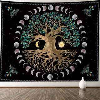 Life Tree Tapisserie Wandbehang - Bohemian Hippie Wunschbaum Wandteppiche Psychedelischer Wandteppich Mystisch Ästhetischer Wandteppich für Wohnzimmer Schlafzimmer (Baum des Lebens Mondphase, M (130 x