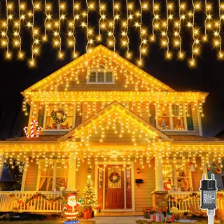 Gcstnn Eisregen Lichterkette Außen, 20M 480er LEDs Warmweiß Lichterketten Eisregen Weihnachtsbeleuchtung Strom mit Timer,Wasserdicht für Balkon Dachrinne Haus Fenster Weihnachtsdeko Aussen Innen
