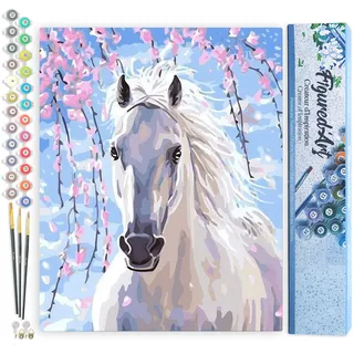Figured'Art Malen Nach Zahlen Erwachsene Pferd und weiße Blumen - Paint by Numbers Basteln DIY Bastelset 40x50cm ohne Holzrahmen