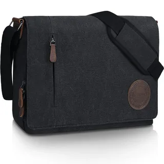 Leathario Umhängetasche Herren 15,6 Zoll, Messenger Bag aus Echtleder und Canvas, Arbeitstasche Studententasche Laptoptasche Zoll Schultertasche Kuriertasche Collegetasche Uni Studenten,Arbeit Schwarz