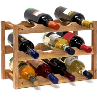 Relaxdays klein, Flaschenregal 12 Flaschen Wein, H x B x T: 28 x 21 x 42 cm, natürlich, Holz, Weinregal Walnuss mit 3 Ebenen