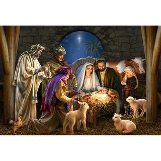 YongFoto 2,2x1,5m Weihnachtskrippe Hintergrund Weihnachten Fotohintergrund Jesus-Geburt Christus Krippe Schaf Geburt Jesu Hintergrund Fotostudio für die Heilige Kommunion Party Fotostudio-Requisiten