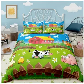 LuxusKollektion Kinderbettwäsche Bettwäsche Set Kuh/Schwein 155x220cm blau