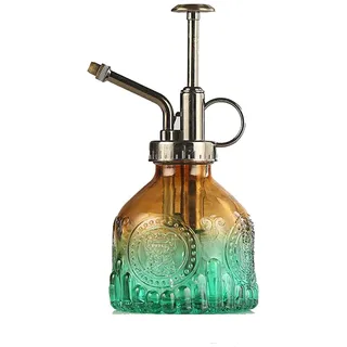 Plant Mister Glas-Sprühflasche, kleine Pflanzen-Gießkanne, 16 cm hoch, Retro-Gießkanne für den Innenbereich, Bronze-Kunststoff, Pumpe für Garten und Innenbereich, Sprühflasche (braun/grün)