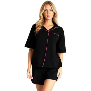 CityComfort Pyjama Damen Kurz Baumwolle Pyjama Frauen Set mit Knöpfen Hausanzug Damen Sommer Nachtwäsche Loungewear Geschenke für Frauen (XL, Schwarz) - XL
