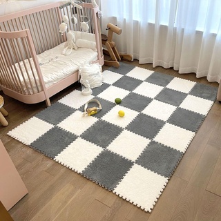 Weiche Plüsch-Puzzle-Schaum-Bodenmatte, Ineinandergreifende Teppichfliesen, Teppich, 12 Stück Spielmatte Für Spielzimmer, Schlafzimmer, Kombinationsfarben(Color:grau+weiß)