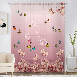 Surwin Vorhänge Wohnzimmer, Blumen-Vogelserie Schmetterling Scheibengardinen, Gardinen mit ösen, 1er Set Vorhänge, Transparent Tüll Gardine Wohnzimmer für Fenster Wohnzimmer (Rosa 2,W132xH213cm)