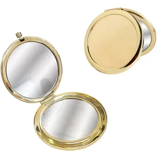 LuckyOpt Metallischer Taschenspiegel, Doppelseitig mit 1x/2-facher Vergrößerung, Unverzerrt, Runde Form, Gold, 7 cm