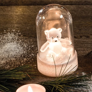 Hellum LED Glasglocke Deko, Weihnachtsdeko mit Eisbär, Weihnachtsbeleuchtung innen mit Batterie (2xCR2032), warmweiß licht, braun, ø5.5 x H 9cm 524734