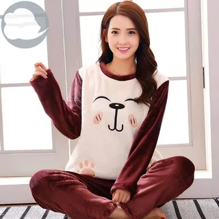 HAIBI Damen Pyjama Winter,Mädchen Schlafanzug Winter Warm Flanell Elegante Mädchen Sleepwear Pyjamas Cartoon Hund Druck Pyjama Set Pullover Koralle Fleece Home Anzüge