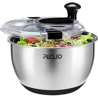 Peclio Groß 4,5L Salatschleuder Edelstahl 18/10 Hochwertige mit Transparentem Deckel, Rutschfestem Boden - Salad Spinner mit Kurbelantrieb - BPA-frei & Spülmaschinengeeignet, Schwarz