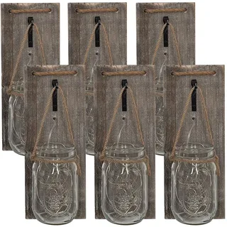 ISOTRONIC LED Dekoglas Wandleuchte 6er Set – Mason Jar Wanddeko mit Lichterkette & Holzbrett – Rustikale Wanddekoration im Landhausstil – Batteriebetriebene Hängeleuchte – DIY Einmachglas zum Befüllen
