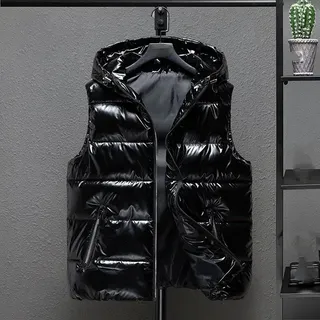 Damen Ärmellose Daunenweste - Winter Plus Größe Damen Daunenweste Mode Glänzende Kapuze Dicke Retro-Kurzjacke Wasserdichte Ärmellose Daunenjacke Jacke Warme Schwarze Weste Outdoor-Sport Elegant