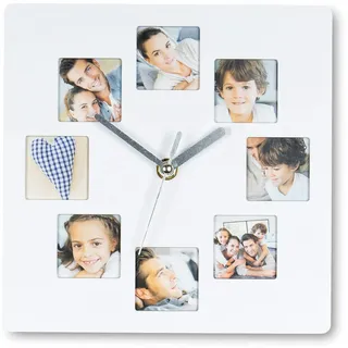 levandeo Wanduhr Weiß 21x21cm Fotouhr 8 Fotos Bilder Bilderrahmen Fotorahmen Küchenuhr Collage Galerie Wanddeko