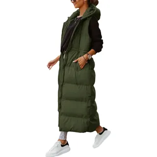 Shanfetl Damen Lange Steppweste Kapuze Maxi Länge Ärmellos Puffer Weste Gepolstert Mantel Winter Oberbekleidung, armee-grün, Large - L