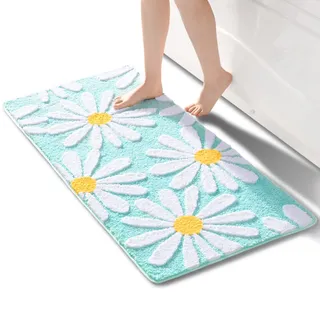 QJHOMO Grün Badezimmerteppich Niedliche Gänseblümchen Badematte rutschfest Waschbar Badteppich Weiße und Gelbe Blume Badvorleger Weiche Duschvorleger Absorbierende Badezimmer Teppich 60x120 cm