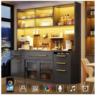 Flieks Küchenbuffet mit LED-Beleuchtung, Lochwandregalen, Glasschiebetüren und Schubladen (1-St) Hochschrank Küchenschrank Geschirrschrank mit verstellbarer Ablagen schwarz