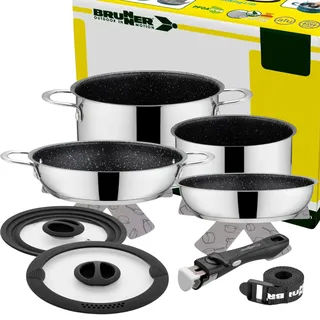 BRUNNER Camping Topf-Set Edelstahl ø 22 cm ACADEMY NG 7+1 Teilig Antihaft | Platzsparend stapelbare Töpfe und Pfannen, Elektro, Gaskocher, Induktion & Keramikkochfeld - Für 2-4 Personen, Vakublock