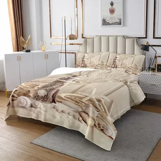 Nautische Tagesdecke, Sea Beach Gesteppte Bettdecke 220x240 für Kinder Schlafzimmer für Erwachsene, modernes Fischernetz Muscheldecke Set Marine Beach Bettwäsche Kollektion mit 2 Kissenbezüge, Beige