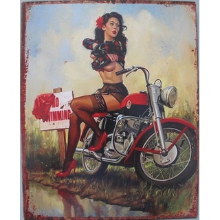 Linoows Metallschild Blechschild, Reklameschild No Swimming Pin Up Girl, Biker Wandschild 25x20 cm bunt|weiß
