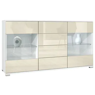 Vladon Sideboard Bari V1 (Kommode mit 2 Türen, 4 Schubladen und 2 flexible Glaseinlegeböden), Weiß matt/Creme Hochglanz (138,5 x 75,5 x 35) gelb