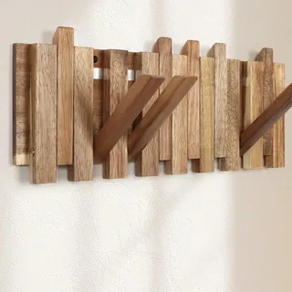 Massivholz-Garderobenleiste 8 Haken versetzt: Magnetklapphaken, für Flur | Nur 2,5 cm flach – 42,5 cm – platzsparende Wandgarderobe für schmale Flure, Familien mit Jacken Mäntel Taschen