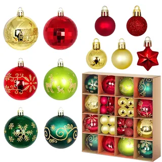 44pcs weihnachtskugeln grün,ASSUGO Grüne Weihnachtskugeln Kunststoff weinachtsbaumdekorationen, Mini Plastik Bruchsicher Kleine Bälle für Weihnachtsbaum Deko (Rot&Gold&Grün)