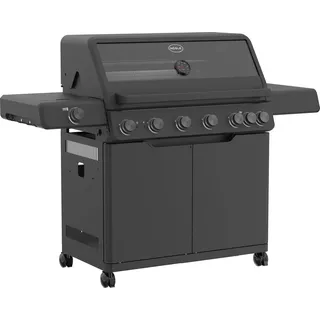RÖSLE Gasgrill ALLFLAME Hero 6 – 6 Brenner (je 3,5 kW), PRIMEZONE, BACKBURNER, 92,5x45 cm Grillfläche, Gusseisenroste, Alu-Druckguss, Deckel mit Glaseinsatz, beleuchtete Drehknöpfe, schwarz