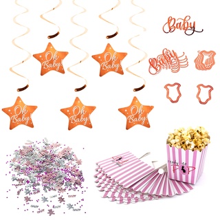 Baby Shower Party Deko Set für Mädchen - OH Baby! Spiral Deckenhänger + 2x Baby Konfetti Sets + Popcorn Schachteln