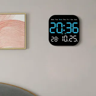 Elektrische digitale Wanduhr, LED-Wanduhr mit Fernbedienung, multifunktionales Display, Wecker, Temperatur, Datum, Uhrzeit, für Zuhause (blau)