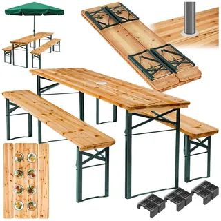 tectake Bierzeltgarnitur Festzeltgarnitur mit Sonnenschirmhalterung, Lackierung mit Klarlack, (Set., 3-tlg., in braun), Komplett vormontiertes und äußerst belastbares Gartenmöbelset braun