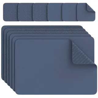 Arendo Platzset 6er Set Premium Tischset doppelseitig, eckig, Kunstleder, rutschfest, (Set, 12-St., 6 Tischsets, 6 Getränkeuntersetzer), wasserabweisend, abwischbar, Tellerunterlage & Getränkeuntersetzter blau