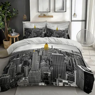 Bettwäsche-Set für Kinder 155 x 220 cm bettbezug mit Reißverschluss, 2 Kissenbezug, dekoratives Empire State Building, New York City Muster für Mädchen und Jungen, weich und bügelfrei, Hellgrau
