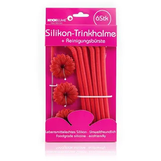Kochblume Silikon-Trinkhalme 6-tlg. mit Reinigungsbürste | Premium-Silikon | Hitzebeständig | Spülmaschinenfest | Inklusive Reinigungsbürste | Farbe: rot