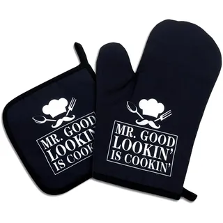Mr. Good Looking is Cooking, lustige Ofenhandschuhe und Topflappen, 2er-Set, Silikon, rutschfeste Ofenhandschuhe, Küchengeschenk für Männer, Kochen, Backen, Grillen, Einweihungsgeschenke