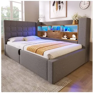 MODFU Polsterbett Funktionsbett mit hydraulischem Stauraum & USB-C (Struraumbett, Funktionsbett, 1-tlg., Bezug in Leinen für eine angenehme Atmosphäre,90x190cm), L-Kopfteil mit LED, beidseitig montierbar(ohne Matratze) grau 108 cm x 203 cm x 86 cm