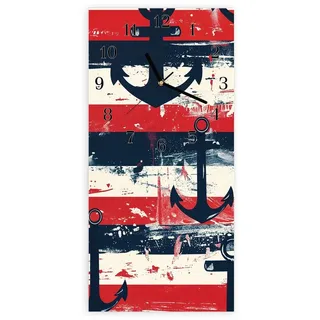Primedeco Wanduhr Glasuhr Wandkunst Größe 30 x 60 cm mit Motiv Anker Streifen