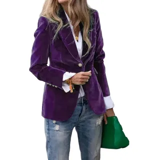 KUUFUUT Samtblazer für Damen Blazerjacke mit Revers und Knopfleiste Vorne Elegant Klassisch Formelle Arbeitskleidung Langärmlig Komplett Gefüttert Anzugjacke mit Taschen - M