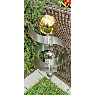 Jürgen Bocker Garten-Ambiente Gartenstecker Skulptur Jupiter 100 cm aus Edelstahl matt gebürstet mit obere Kugel Edelstahl Gold poliert