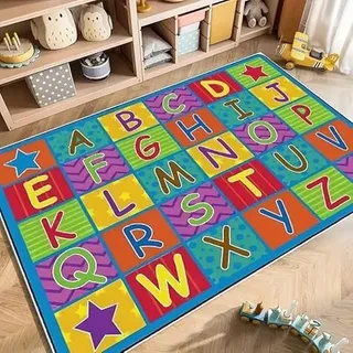 SMXVRC ABC Buchstaben Bildung Kinderteppich, 140x200cm, Bunte Drucke Lernen Buchstaben Flächenteppiche für Schlafzimmer, Gummirücken Waschbar Lärm Reduzieren Heimdekor-Teppich für Kinder