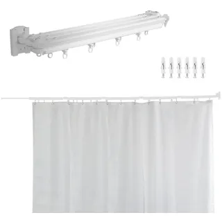TWSOUL Duschvorhangstange Wandmontierte Duschstange faltbar mit Duschvorhang, ohne Bohren, 197cm, für Badezimmer, Ecke, Badewanne, einziehbarer Wäscheständer weiß