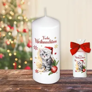 Weihnachtskerze Stumpenkerze – Frohe Weihnachten, Katze - Kerze in Geschenkverpackung mit Schleife zu Weihnachten | moderne Motive auf Tattoofolie Schiebefolie