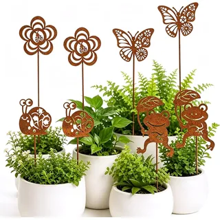 Stück Gartenstecker Rost, 25cm Roststecker Gartendeko Für Draußen Wetterfest Mit Schnecke Frosch Schmetterling Blume Metall Gartenstecker Blumenstecker Frühling Für Blumentopf Balkon Terrasse