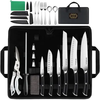 MOSFiATA Messerset Küchenmesser Set mit Tasche, Wetzstahl, Geflügelschere | Scharf Profi Messer Knife Set aus Edelstahl mit Schutzhülle, Edelstahlbesteck & -löffel, tragbare Messertasche für Unterwegs
