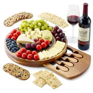 RAXCO Akazienholz Käsebrett Geschenkset mit Schieferplatte, 32 cm rundes Charcuterie-Brett mit versteckter Schublade und 4 speziellen Käsemessern
