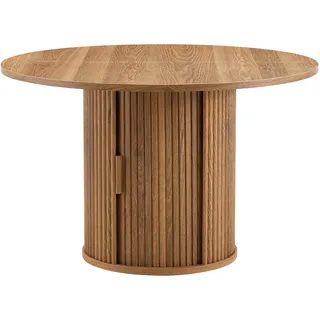 ESSTISCH aus Holzwerkstoff in Nussbaum-Optik, rund (Ø 120cm) mit Lamellen-Sockel und Stauraum
