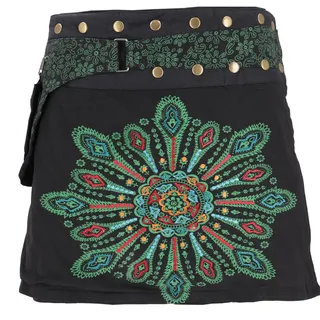 GURU SHOP Wickelrock, Bestickter Kurzer Goa Rock, Cacheur - Schwarz/grün, Damen - Einheitsgröße